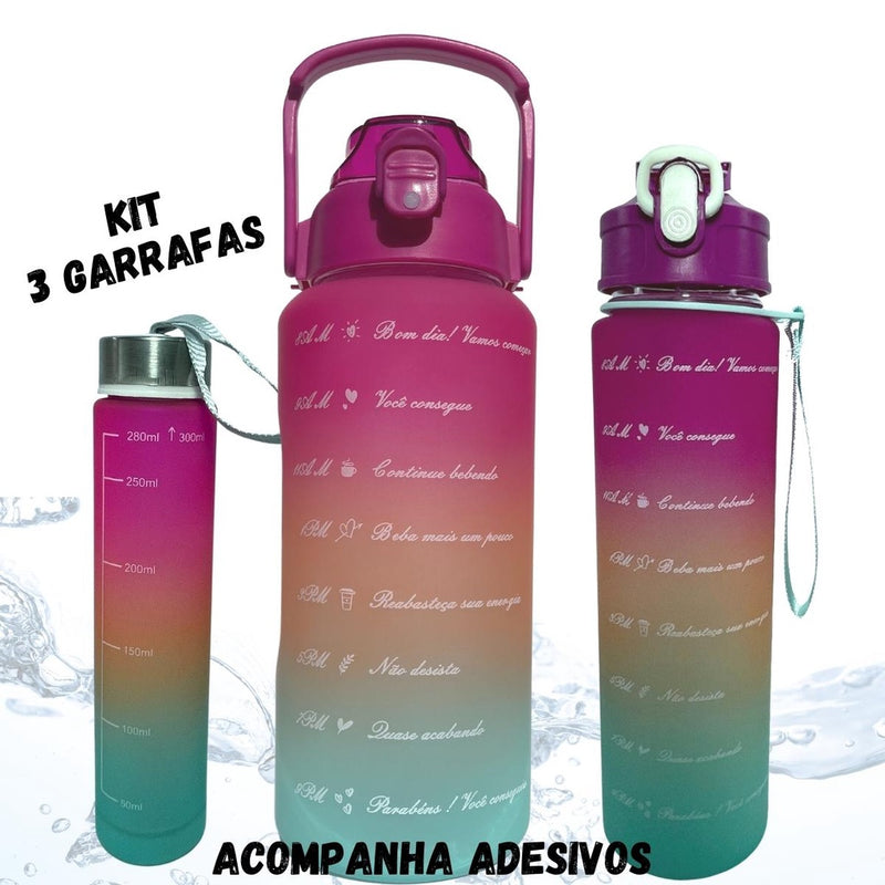 KIT 3 GARRAFAS 2Litros 900ml 300ml Squeeze Fases Motivadoras Adesivos 2D 3D